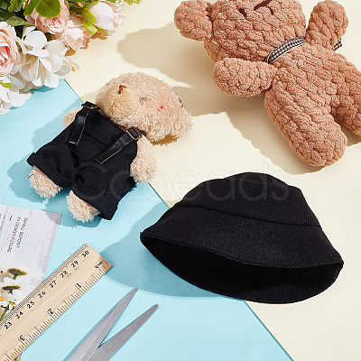 1Pc Cotton & PU Leather Suspender Trousers and 1Pc Cloth Bucket Hat for Dolls Accessories DOLL-WR0001-05B-1