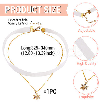 Brass Micro Pave Clear Cubic Zirconia Snowflake Pendant Single Face White Velvet Ribbon & Brass Chain Double Layered Choker Necklaces NJEW-TAC0037-1