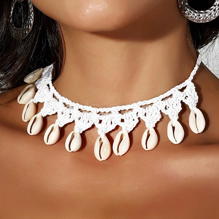 Bohemian Handmade Woven Polyester Cord Natural Cowrie Shell Tassel Choker Necklaces for Women FS-WGB5F2D-06-1