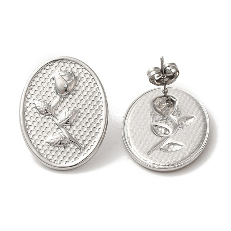 304 Stainless Steel Oval with Flower Stud Earrings EJEW-C114-26P-1