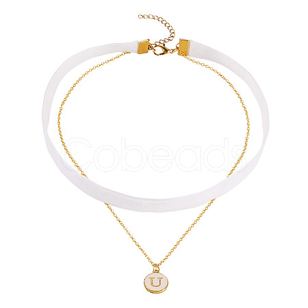 Alloy Enamel Letter Pendant Single Face White Velvet Ribbon & Brass Chain Double Layered Choker Necklaces NJEW-TAC0036-1