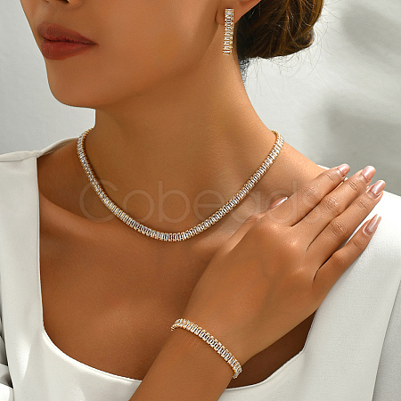 Rectangle Brass Pave Cubic Zirconia Bracelets & Earrings & Necklaces Sets for Women MG8263-1-1