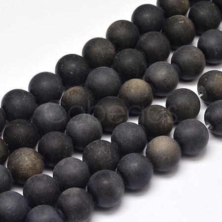 Frosted Natural Golden Sheen Obsidian Round Bead Strands G-F266-04-12mm-1