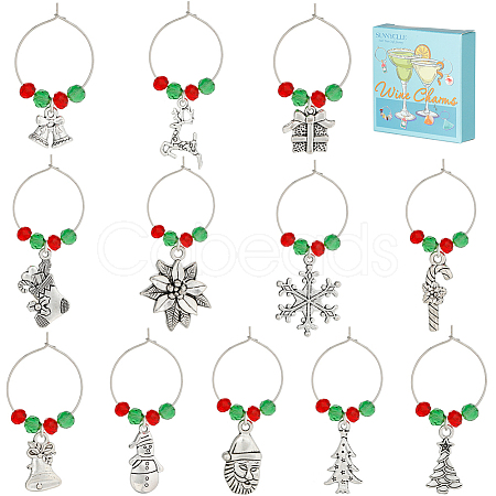 12Pcs Christmas Theme Tibetan Style Alloy & Glass Pendants Wine Glass Charms AJEW-SC0002-02-1