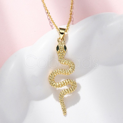 Brass Micro Pave Green Cubic Zirconia Snake Pendant Necklaces LS-NJEW-S438-02E-G-1