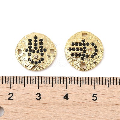 Brass Micro Pave Black Cubic Zirconia Disc with Hamsa Hand Connector Charms KK-P300-24G-02-1