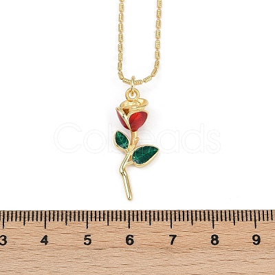Brass FireBrick Enamel Rose Pendant Necklaces for Women NJEW-U042-01A-G-1