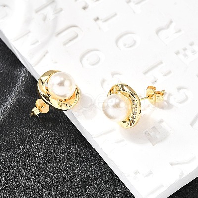 Round Brass Micro Pave Clear Cubic Zirconia Stud Earrings EJEW-C154-09G-1