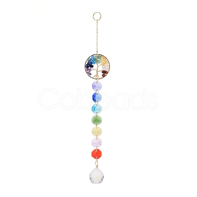 Natural & Synthetic Mixed Gemstone Tree with Glass Window Hanging Suncatchers HJEW-JM00853-03-1
