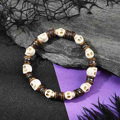 Natural Coconut & Synthetic Turquoise & Non-magnetic Synthetic Hematite Beads Stretch Bracelets for Men BJEW-JB12133-01-1