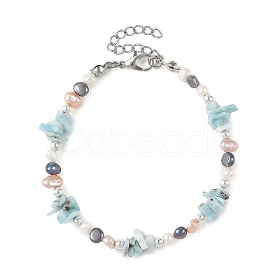 Natural Larimar Chip Beads & Cultured Freshwater Pearl Beaded Bracelets for Women BJEW-JB14215-1