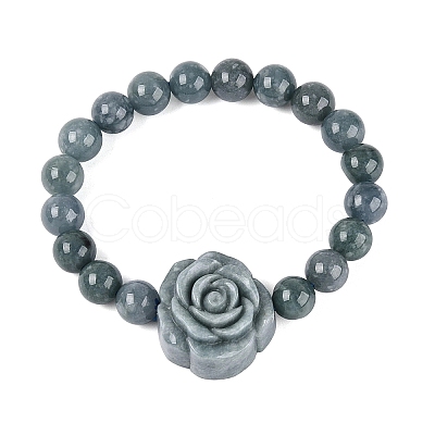 Natural Jadeite Round & Flower Beaded Stretch Bracelets BJEW-N041-07-1