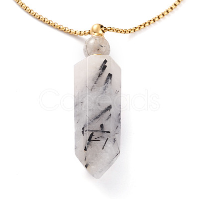 Natural Tourmalinated Quartz/Black Rutilated Quartz Openable Perfume Bottle Pendant Necklaces NJEW-H216-06G-1