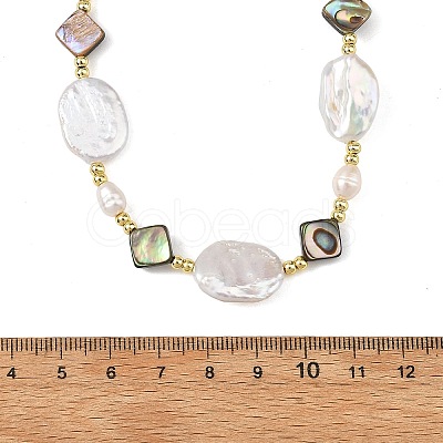 Natural Paua Shell Rhombus & Natural Baroque Keshi Pearl Oval Beaded Necklaces with 304 Stainless Steel End Chains NJEW-JN06522-1