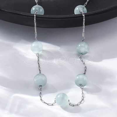 304 Stainless Steel Cat Eye Round Beads Handmade Chain Necklaces for Women NJEW-C073-01P-05-1