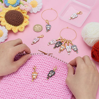 10Pcs 5 Styles Cat Alloy Enamel Pendant Locking Stitch Markers HJEW-HY00108-1