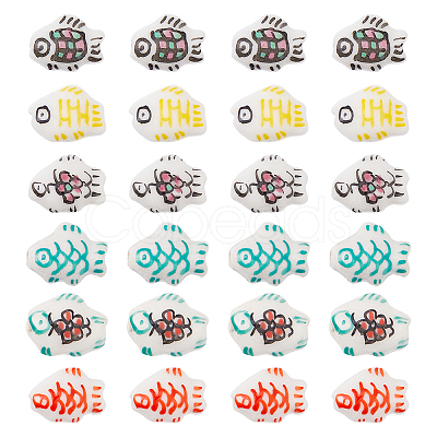 24Pcs 6 Colors Handmade Printed Porcelain Beads PORC-HS0001-01-1
