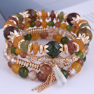 4Pcs 4 Styles Bohemian Style Alloy Glass Round Beaded Stretch Bracelets FS-WG80D8B-10-1