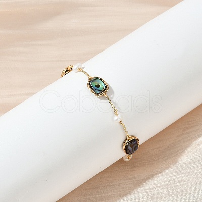 Rectangle Brass Abalone Shell Link Bracelets KK-D301-02G-1