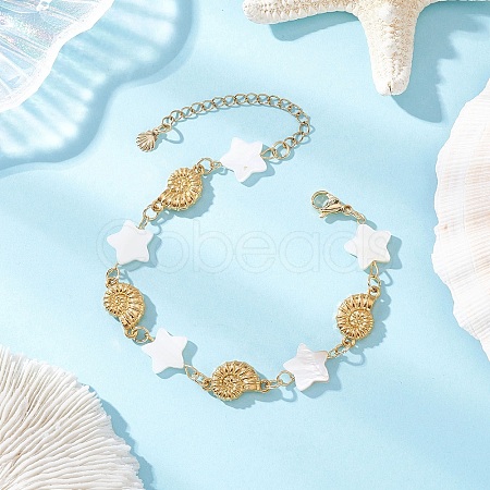 Natural Freshwater Shell Beads & Shell Shape 304 Stainless Steel Connector Charms Link Bracelets for Women BJEW-JB12216-01-1