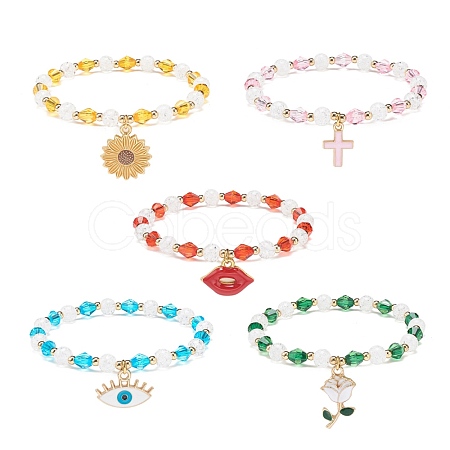 Acrylic Beaded Stretch Bracelet with Alloy Enamel Charms for Women BJEW-JB08727-1