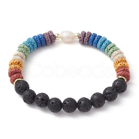 Dyed Natural Lava Rock & Pearl Beaded Stretch Bracelet BJEW-JB09723-1