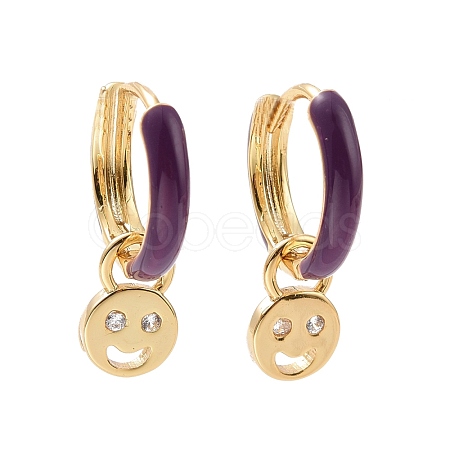 Clear Cubic Zirconia Smiling Face Dangle Hoop Earrings with Enamel EJEW-C030-13G-1