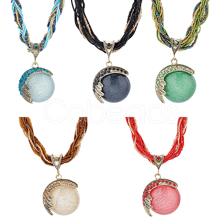 5Pcs 5 Style Resin Imitation Cat Eye Flat Round Pendant Necklaces Set NJEW-AN0001-12-1