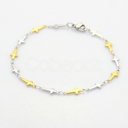 Two Tone Religious Catholic Jewelry 304 Stainless Steel Cross Link Chain Bracelets STAS-O036-09M-1