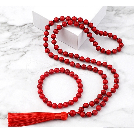 Synthetic Turquoise Round Beaded Pendant Necklaces & Bracelets Sets FS-WG9D102-10-1