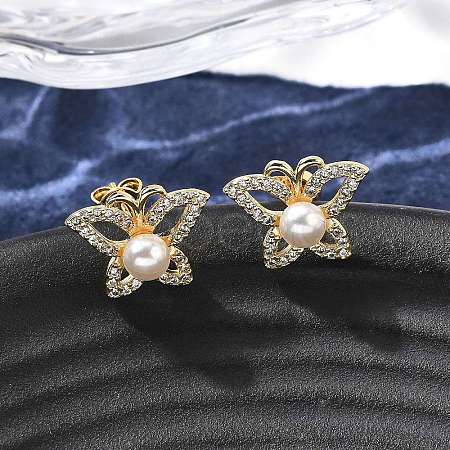Butterfly Brass Micro Pave Clear Cubic Zirconia Stud Earrings EJEW-C154-03G-1