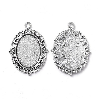 Tibetan Style Antique Silver Alloy Flat Oval Pendant Cabochon Settings TIBEP-M022-19AS-1