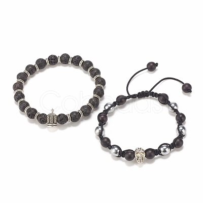 2Pcs 2 Style Natural Lava Rock & Synthetic Hematite & Turquoise(Dyed) Braided Bead Bracelets Set with Alloy Skull & Crown BJEW-JB08111-1