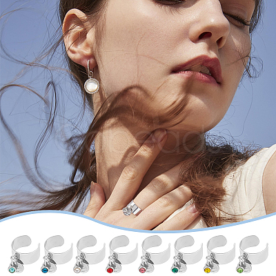 8Pcs 8 Color Birthstone Rhinestone & 201 Stainless Steel Flat Round Charm Rings Set RJEW-AB00004-1