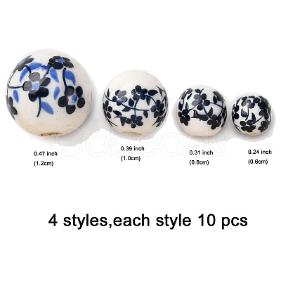 40Pcs 4 Styles Handmade Printed Porcelain Beads PORC-FP0001-06-1