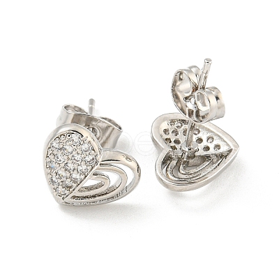 Heart Brass Pave Clear Cubic Zirconia Stud Earrings EJEW-M258-36P-1