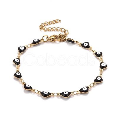 Enamel Heart with Evil Eye Link Chains Bracelet BJEW-P271-07G-03-1