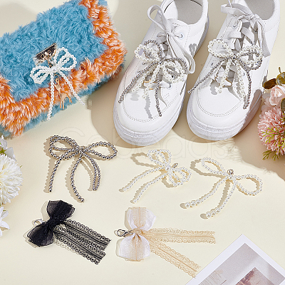 12Pcs 6 Styles Lace & Plastic Bowknot Shoe Charms DIY-HY0002-57-1
