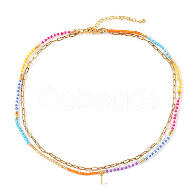 Colorful Glass Seed Beaded Initial Pendant Double Layer Necklaces QS3881-12-1