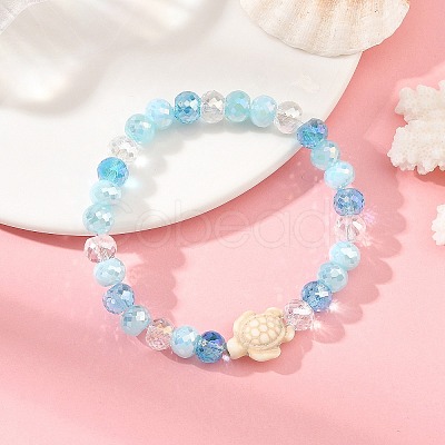 Ocean Dyed Synthetic Turquoise Sea Turtle Electroplate Glass Faceted Rondelle Beaded Stretch Bracelets for Women BJEW-JB14386-02-1