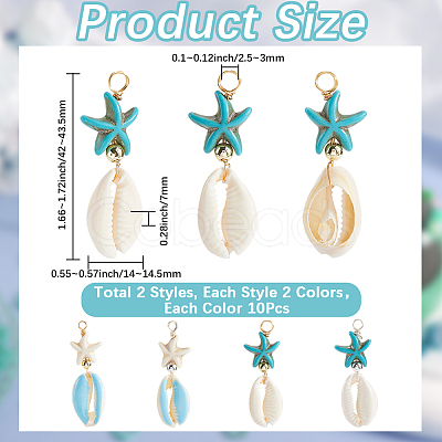 40Pcs 4 Colors Cowrie Shell & Dyed Synthetic Turquoise Starfish Pendants PALLOY-SC0004-40-1