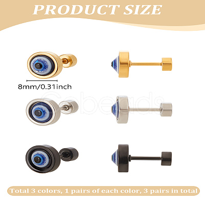 6Pcs 3 Colors Stainless Steel Evil Eye Stud Earrings for Men EJEW-LP0001-68-1
