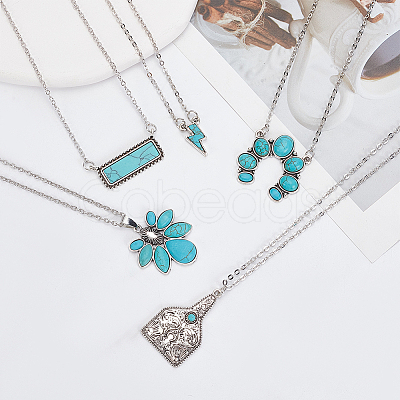 ANATTASOUL 5Pcs 5 Style Flower & Rectangle & Lightning & Cow Tag Synthetic Turquoise Pendant Necklaces Sets NJEW-AN0001-04-1