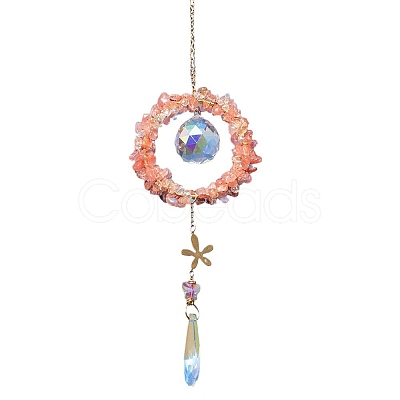 Watermelon Stone Glass Web with Feather Wall Hanging Decoration PW-WG28944-01-1