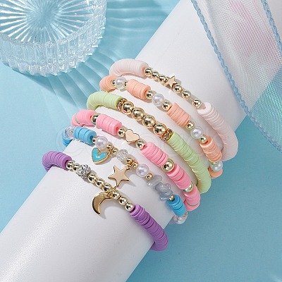 6Pcs 6 Style Polymer Clay & ABS Plastic Pearl Beaded Stretch Bracelets Set BJEW-JB09674-1