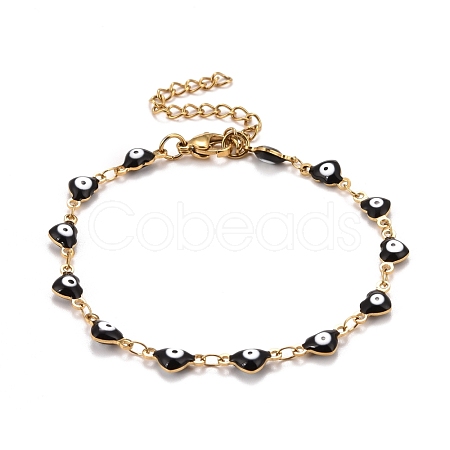 Enamel Heart with Evil Eye Link Chains Bracelet BJEW-P271-07G-03-1