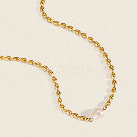 French Natural Freshwater Pearl Potato Stainless Steel Rice Beaded Necklaces for Women KT1786-1