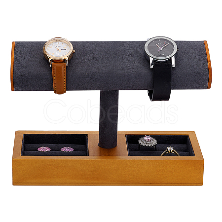 T-Shaped Bar Wood with Velvet Watch Organizer Display Stands with Rectangle Trays for Rings ODIS-PH0009-16A-1