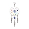 Woven Web/Net with Feather Alloy & Chakra Glass Beads Pendant Decorations, Lobster Clasps Charms for Bag Ornaments, Antique Silver, 93mm