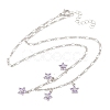 Brass Pave Lilac Cubic Zirconia Flower Pendant Figaro Chain Bib Necklaces for Women NJEW-F364-01P-4